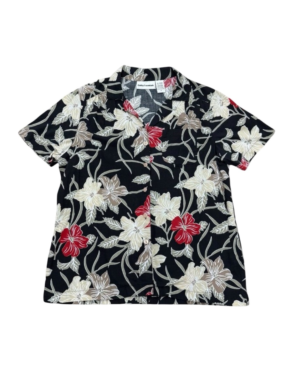 Vintage Women’s Cathy Essentials Hawaiian Floral Blouse Black Y2k